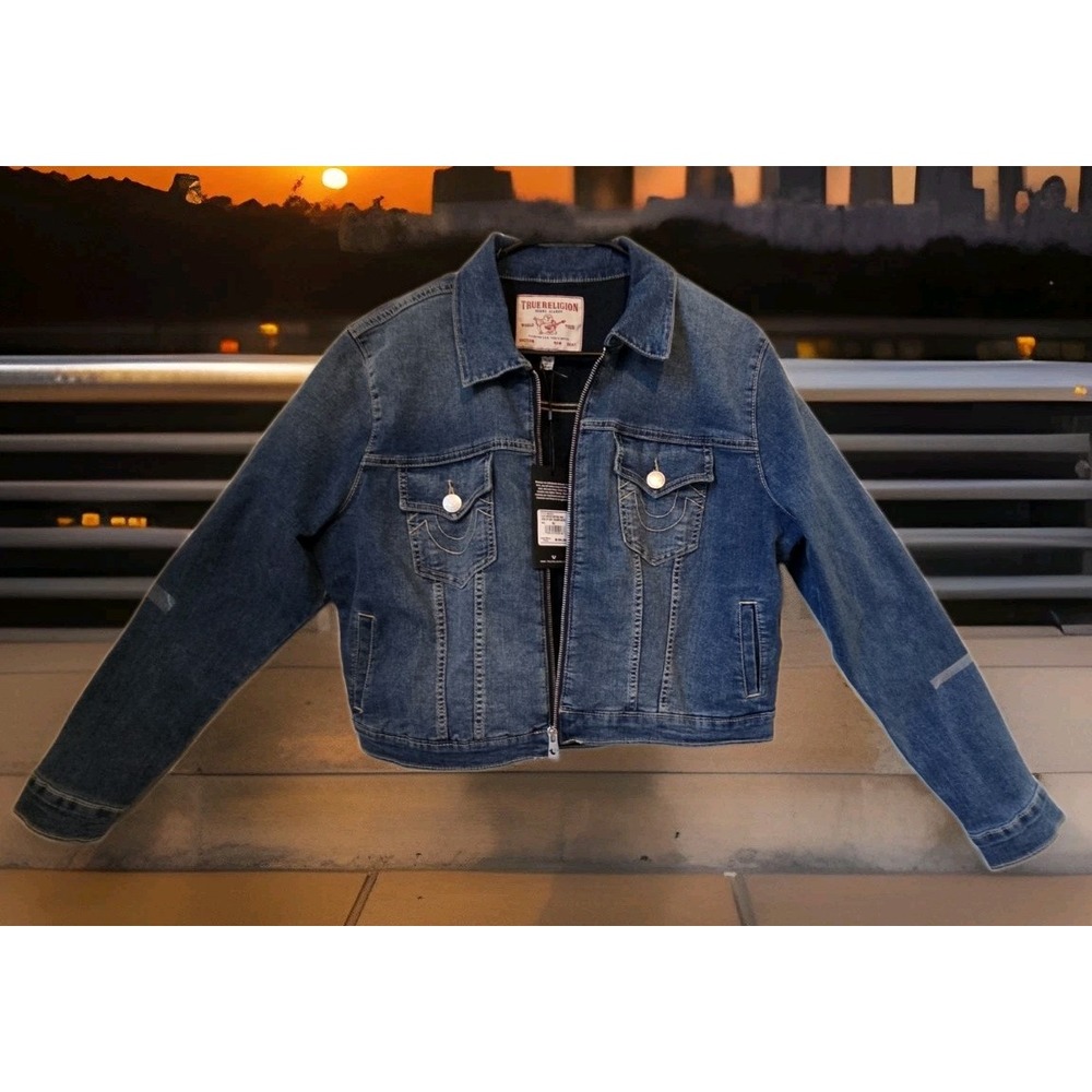 True Religion Jesse ZIP Crop Trucker Denim Jean Jacket Womens XL NWT